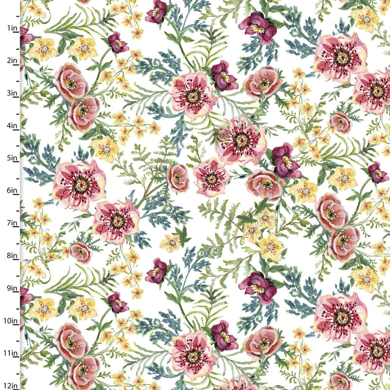 3 Wishes Fabric Forest Friends Digital Print by Audrey Jeanne Roberts Floral 18674 White