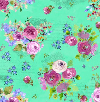 Clothworks Feathered Friends Digital Prints by Sue Zipkin Floral Bouquet Y3493 106 Light Emerald