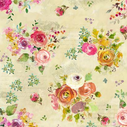 Clothworks Feathered Friends Digital Prints by Sue Zipkin Floral Bouquet Y3493 60 Dark Butter