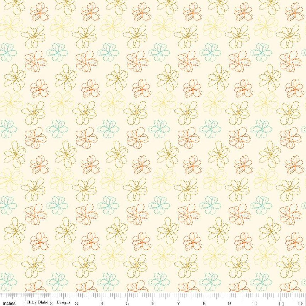 Riley Blake Designs Bumble & Bear by Sandy Gervais Stitched Flowers C12675 Cream