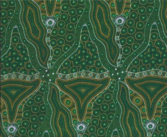 M & S Textiles Australia Bush Tomato & Waterhole by Cindy Wallace BTWG Green