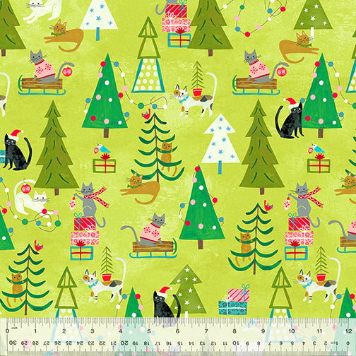 Windham Fabrics Happy Pawlidays by Jill McDonald Purrs & Pines 53547 1 Chartreuse