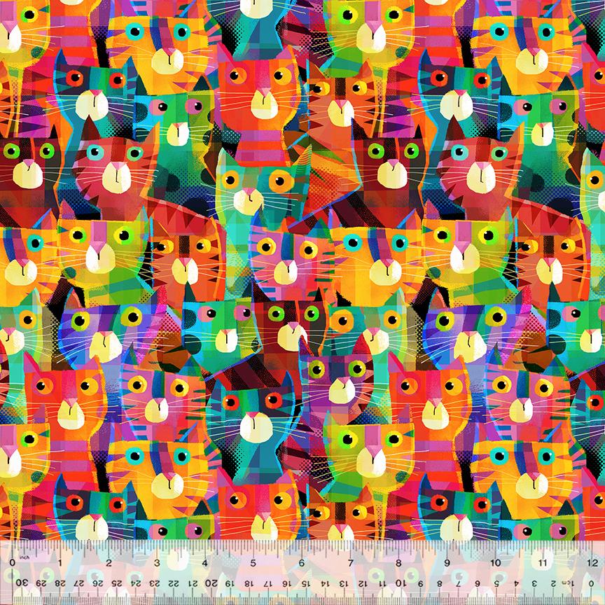 Windham Fabrics Catsville Digital Print by Gareth Lucas Clutter Cats 53483D-4 Rainbow