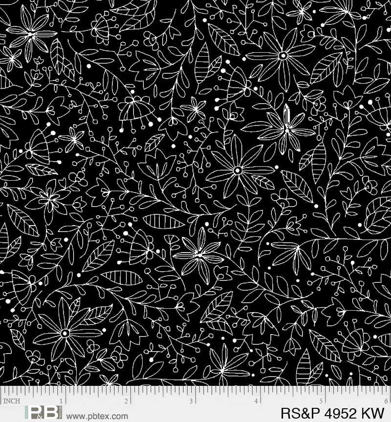 P&B Textiles Ramblings Salt & Pepper Packed Floral Vines RSPE 4952 KW Black