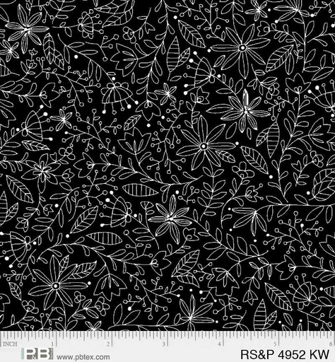 [166461] P&B Textiles Ramblings Salt & Pepper Packed Floral Vines RSPE 4952 KW Black